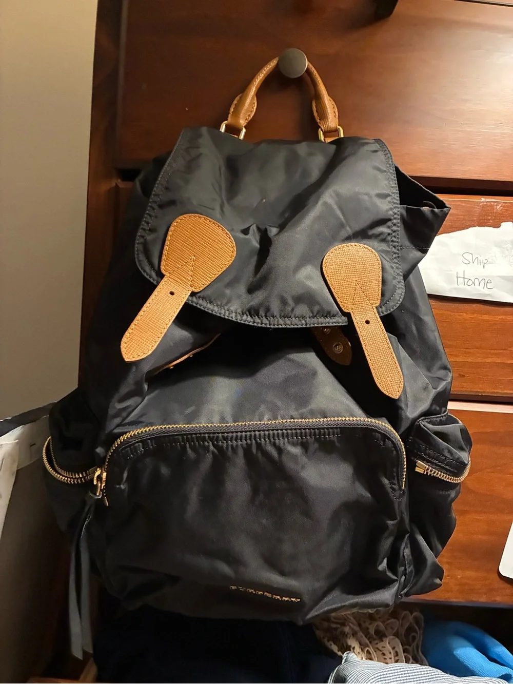 Burberry Black Nylon Backpack with Tan Trim